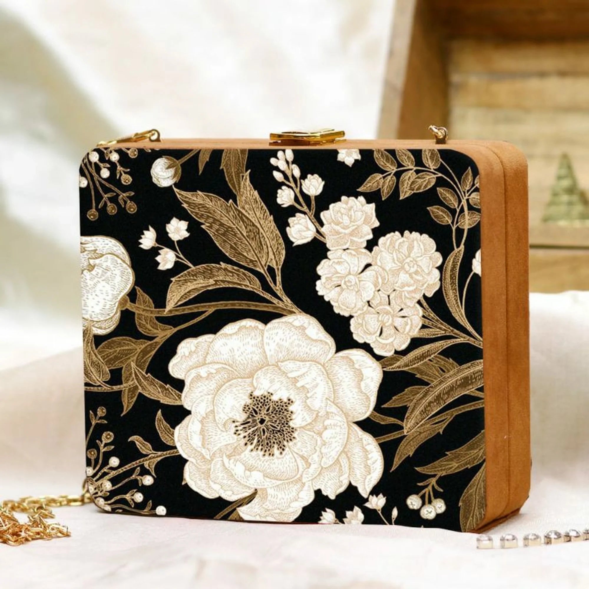 Black Floral Print Clutch