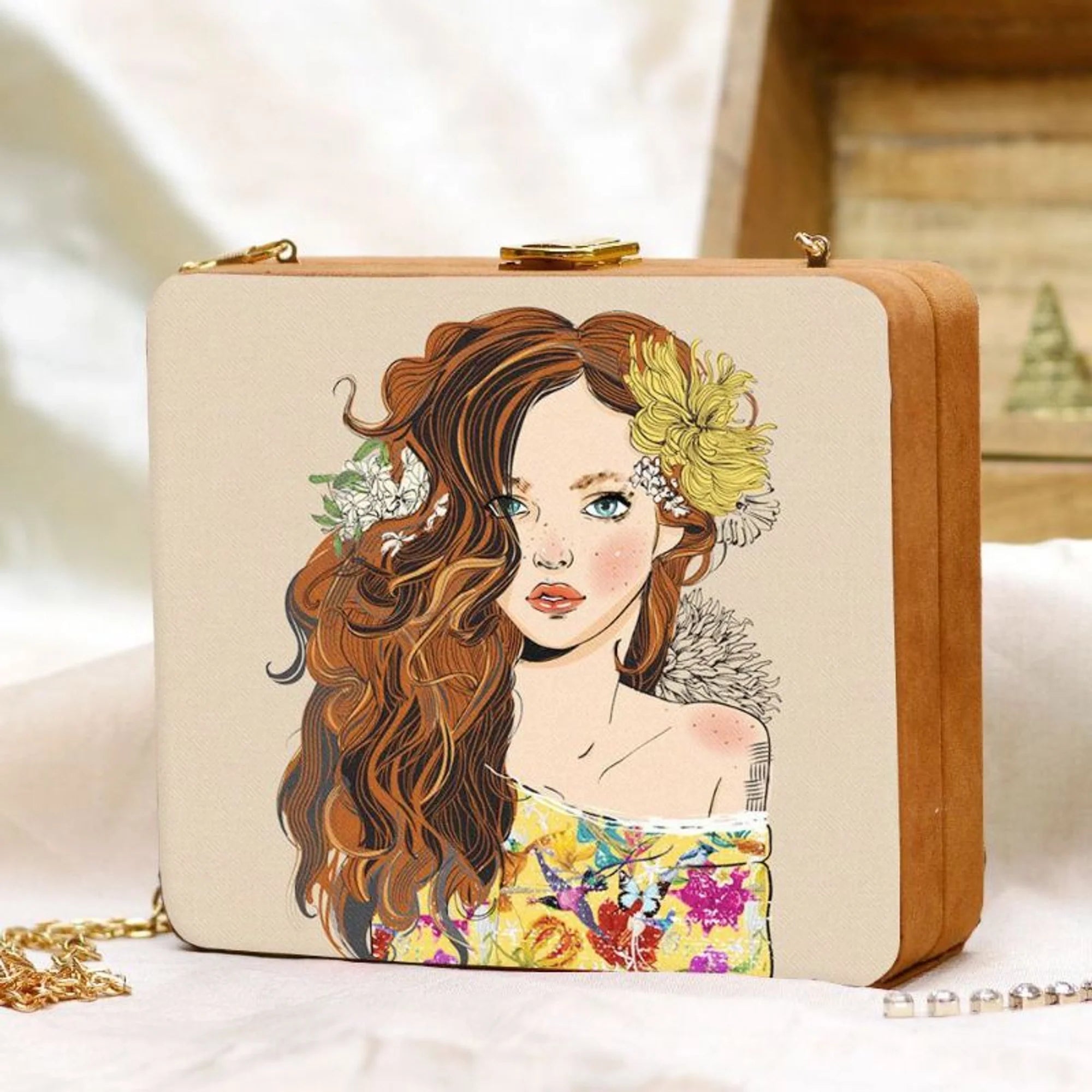 Curly Hair Girl Wooden Clutch