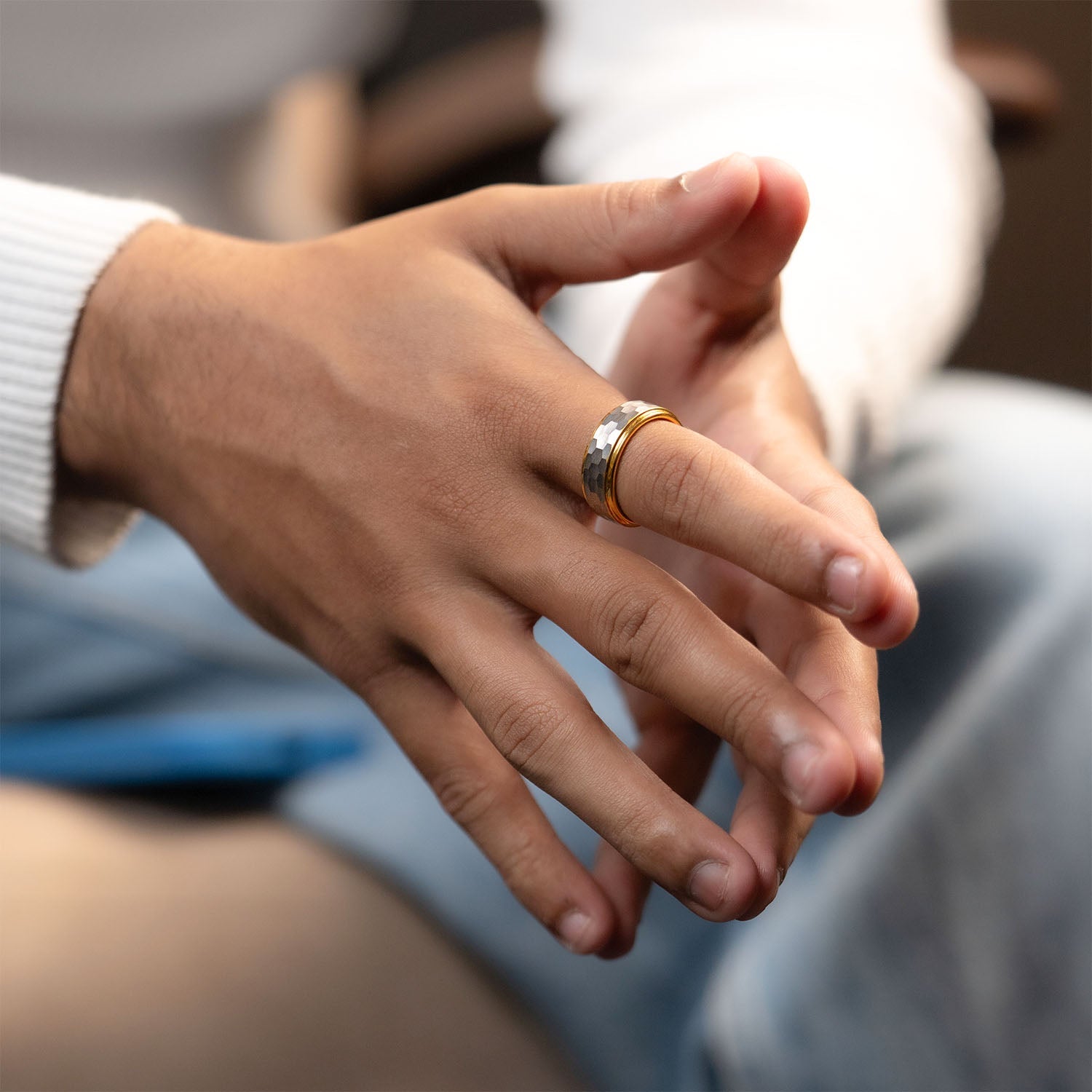 Hammered Tungsten Carbide Dual Finish Band Ring