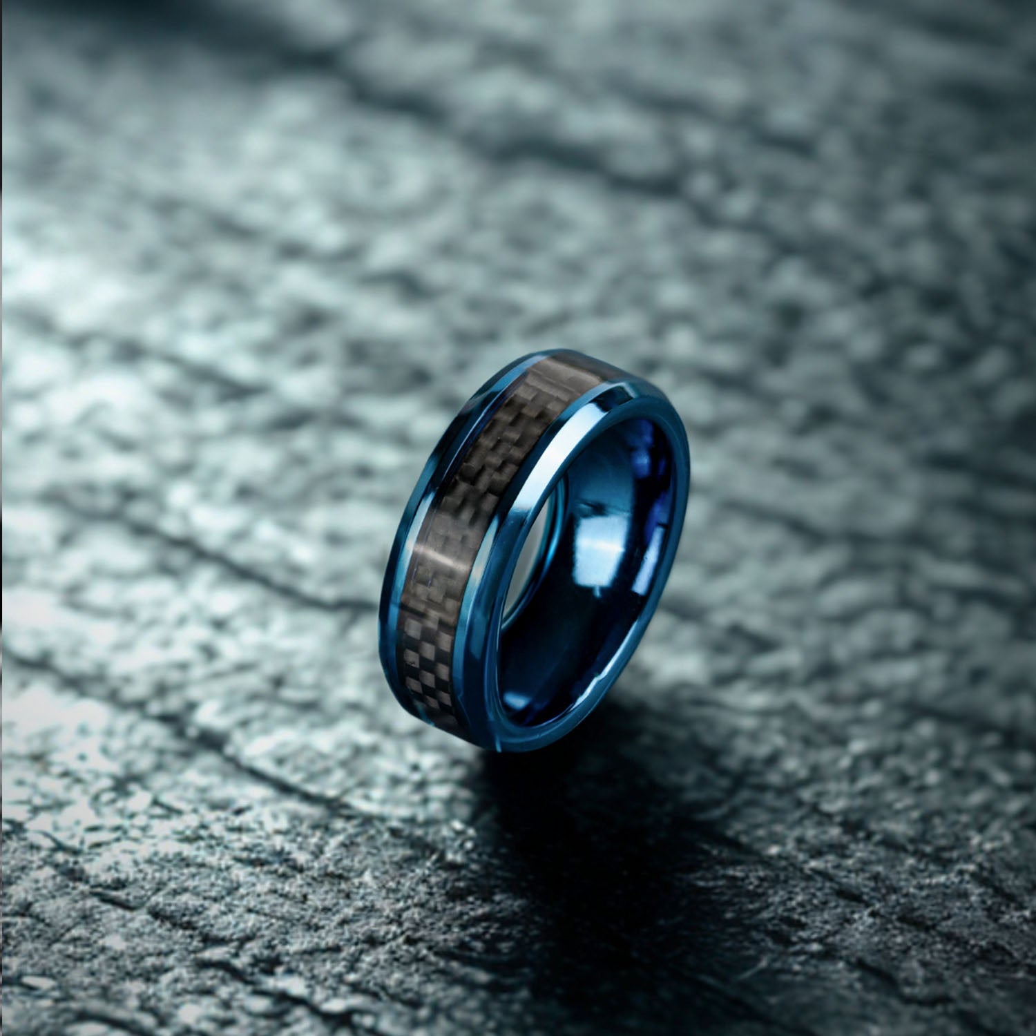 Flint Black On Blue Carbon Fiber Inlay Band Ring
