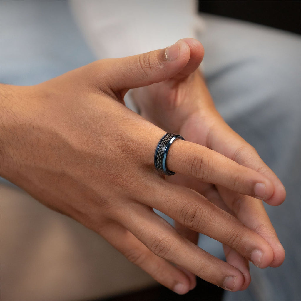 Flint Black On Blue Carbon Fiber Inlay Band Ring