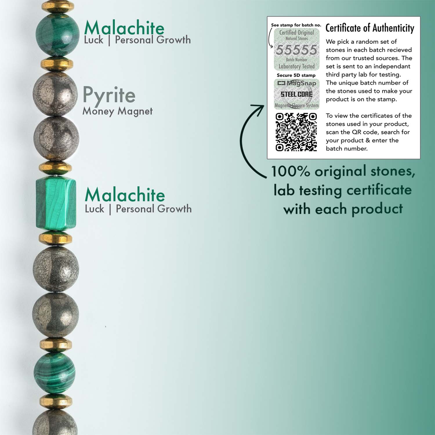 Fortune Pyrite & Malachite Natural Stone Bracelet with Magsnap2