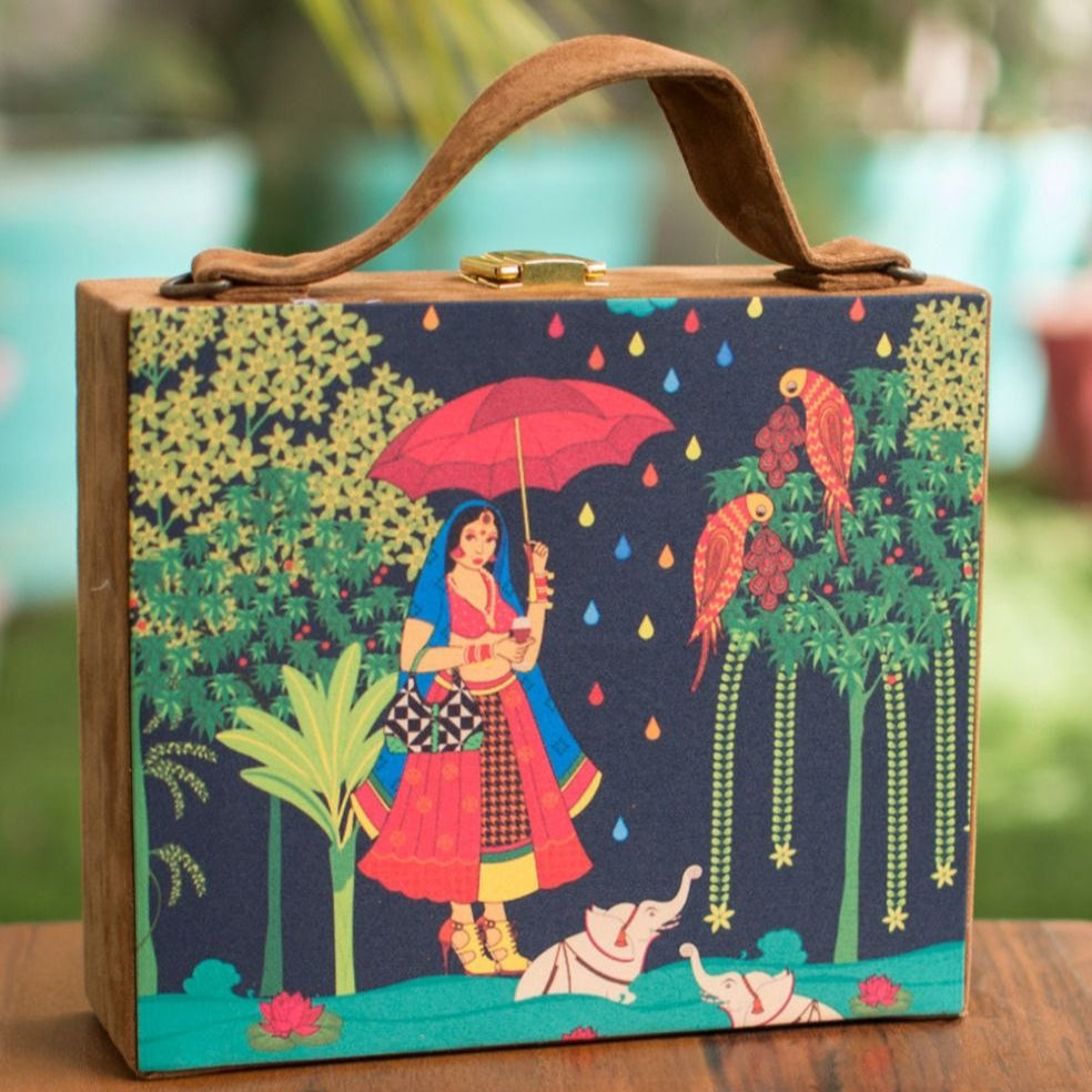 Village Girl With Umbrella Suitcase Style Clutch