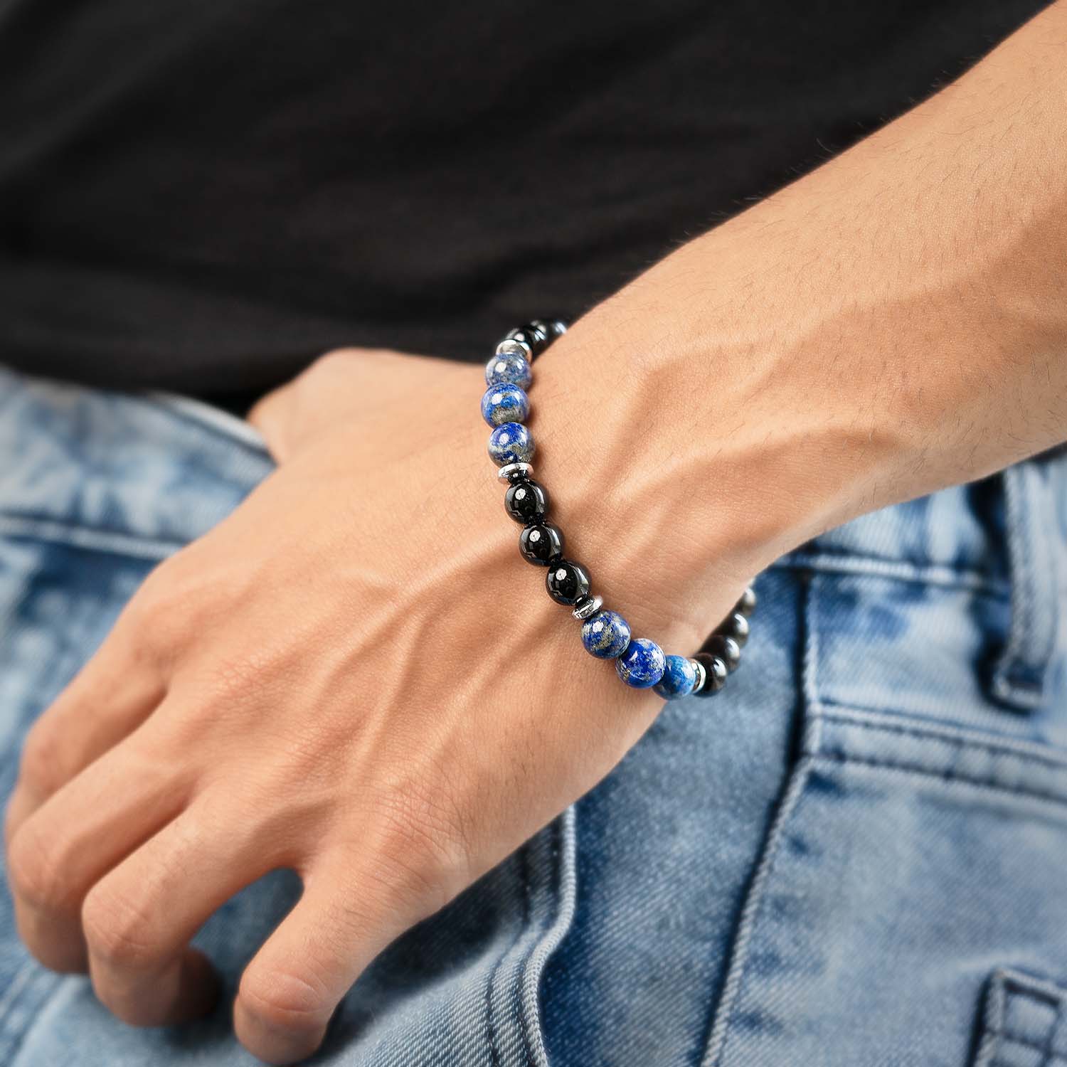 Knowledge Gloss Onyx And Lapis Lazuli Natural Stone Bracelet