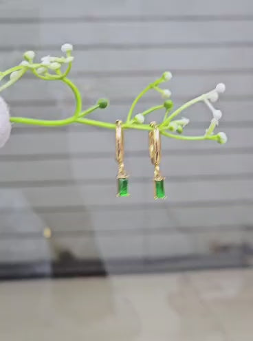 Green Square Hanging Hoops Earrings
